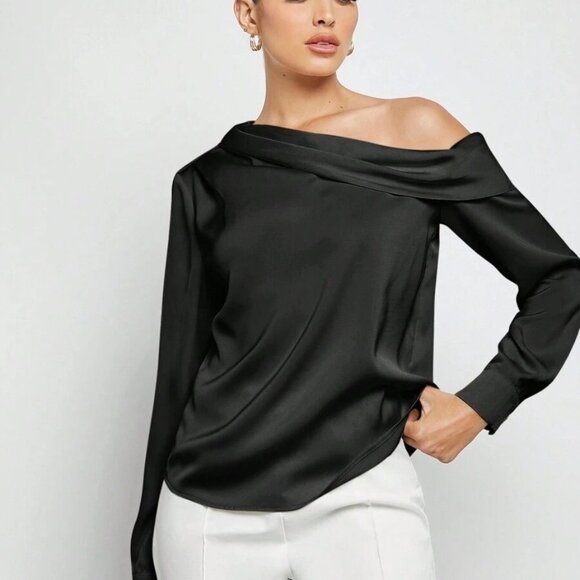 Tops - New Women's Asymmetric Design Ruched Shoulder Draped Loose Long Sleeve Satin